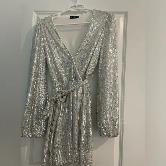 shein sequin wrap dress SHEIN One Shoulder Wrap Sequin Dress